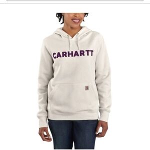 Carhartt Off-White Hoodie with Purple Text Sz XXL